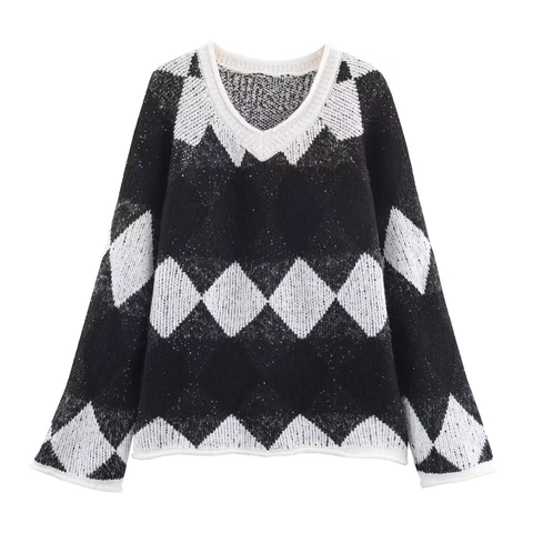 Women V-Neck Argyle Knit Sweater Vintage Contrast Color Sequin Long Sleeve Pullover Soft Warm Jumper Top