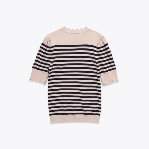 Women Casual Striped Knit Top Scalloped Trim Hollow Out Round Neck Half Sleeve Pullover Sweater Elegant French Style Top