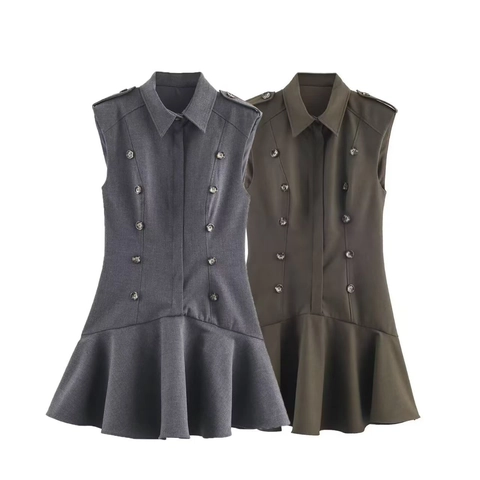 Elegante Double Breasted Mouwloze Mini-jurk Met Schoudervullingen Reverskraag Roffelrand Commuter Jurk Voor Vrouwen
