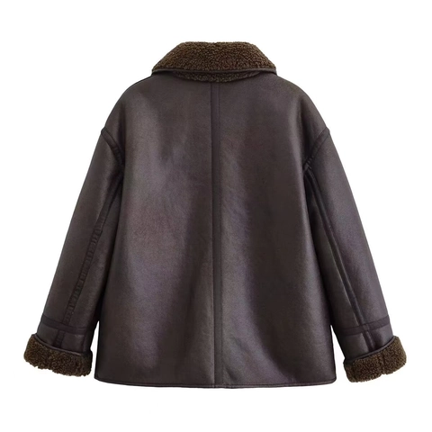 Damen Wendejacke Aus Lammfellimitat Dunkelbraun PU Leder Teddyfleece Einreihig Revers Warmer Wintermantel Oberbekleidung