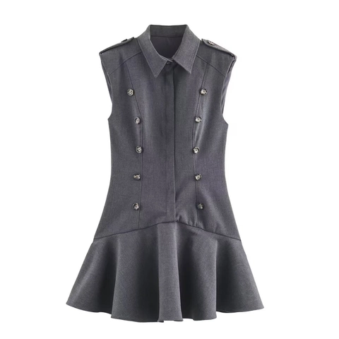 Elegante Double Breasted Mouwloze Mini-jurk Met Schoudervullingen Reverskraag Roffelrand Commuter Jurk Voor Vrouwen