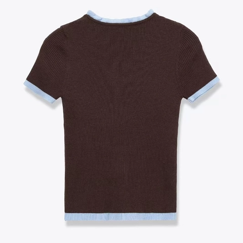 Women Short Sleeve Knitted Cardigan Contrast Color Ruffle Trim Ribbed Knit Button Down Sweater Top For Summer Daily Wear