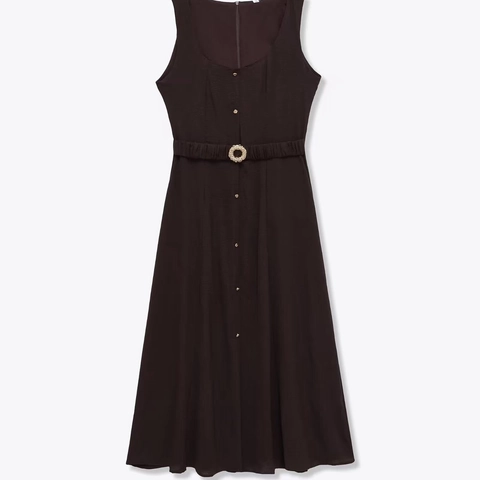 Vestido Midi Ajustado Sin Mangas Con Cuello Cuadrado Para Mujer Con Cinturón Botón Dorado Color Sólido Verano