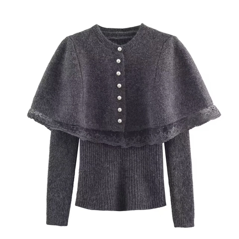 Suéter de Punto con Capa de Encaje Elegante para Mujer Con Botones de Perlas Artificiales Manga Larga Pullover Otoño Invierno Color Sólido