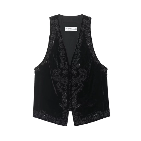 Women Vintage Black Velvet Vest Heavy Embroidery V-Neck Sleeveless Waistcoat Floral Beaded Sequin Tank Top Streetwear Fashion