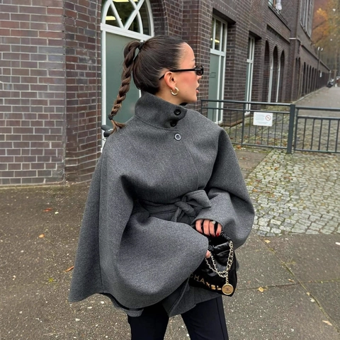 Women Cloak Style Woolen Texture Coat Stand Collar Single Breasted Tie Waist Solid Grey Fashion Outerwear For Ladies Winter