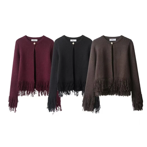 Dames Elegant Franje Tassel Ronde Hals Gebreid Vest Enkele Knop Lange Mouw Effen Kleur Herfst Winter Trui Jas
