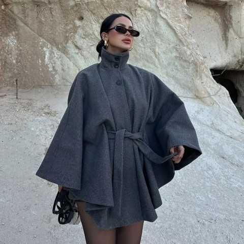 Women Cloak Style Woolen Texture Coat Stand Collar Single Breasted Tie Waist Solid Grey Fashion Outerwear For Ladies Winter