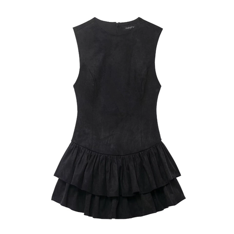 Women Sleeveless Tiered Ruffle Dress Faux Suede A-Line Mini Dress Round Neck Back Zipper Solid Black Chic Elegant Dress