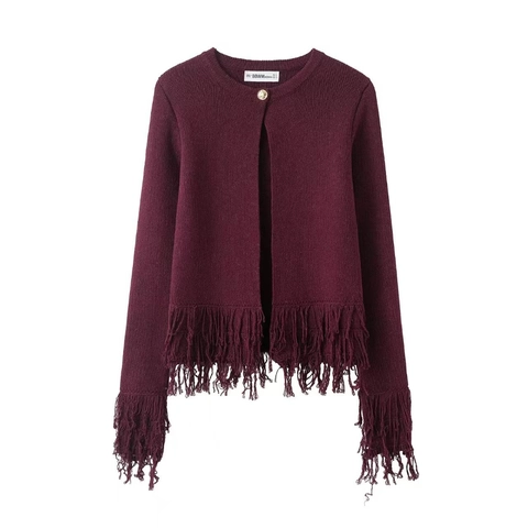 Dames Elegant Franje Tassel Ronde Hals Gebreid Vest Enkele Knop Lange Mouw Effen Kleur Herfst Winter Trui Jas