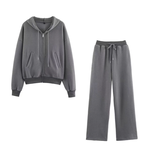 Women Casual Cotton Blend Ribbed Hooded Zipper Sweatshirt And Straight Leg Sweatpants Solid Color Two Piece Set Loungewear