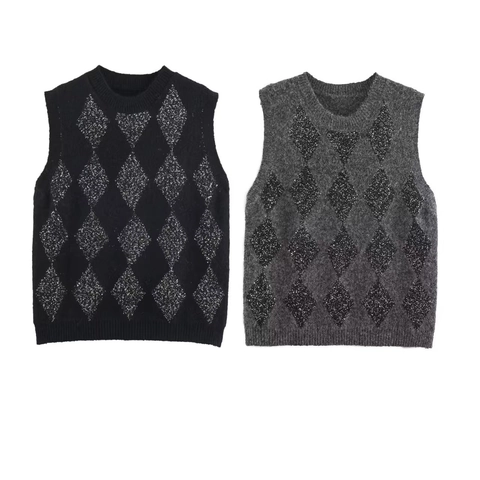Gilet in Maglia a Rombi con Paillettes da Donna Maglione Senza Maniche Girocollo Elegante Casual Autunno Inverno Top