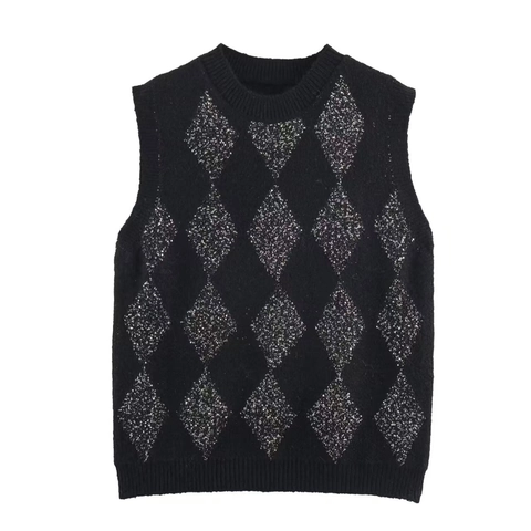 Gilet in Maglia a Rombi con Paillettes da Donna Maglione Senza Maniche Girocollo Elegante Casual Autunno Inverno Top