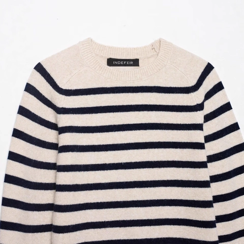 Pull en Maille Rayé pour Femme Col Rond Manches Longues Pullover Abricot Bleu Marine Haut en Tricot Souple Style Français