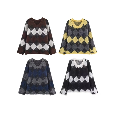Women V-Neck Argyle Knit Sweater Vintage Contrast Color Sequin Long Sleeve Pullover Soft Warm Jumper Top