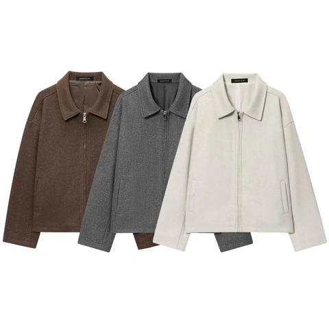 Giacca Corta da Donna Casual Ampia in Trama di Lana Risvolto Vintage con Cerniera Tinta Unita Manica Lunga