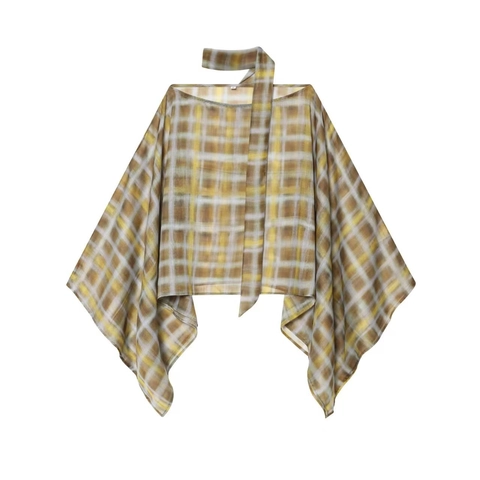 Dames Vintage Geruite Poncho Top Met Sjaalkraag Strikkraag Retro Cape Blouse Elegante Lange Mouwen Polyester Shirt