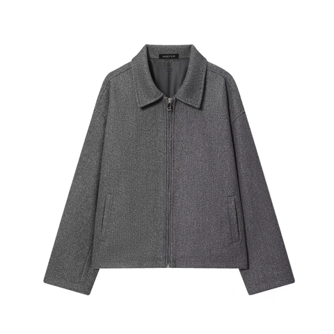 Giacca Corta da Donna Casual Ampia in Trama di Lana Risvolto Vintage con Cerniera Tinta Unita Manica Lunga