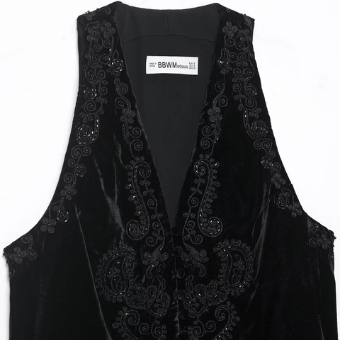 Women Vintage Black Velvet Vest Heavy Embroidery V-Neck Sleeveless Waistcoat Floral Beaded Sequin Tank Top Streetwear Fashion