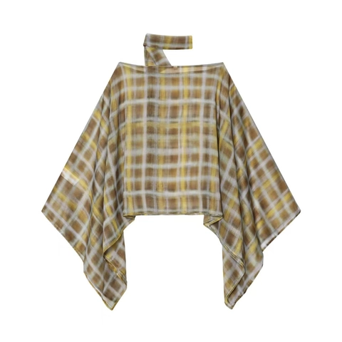 Dames Vintage Geruite Poncho Top Met Sjaalkraag Strikkraag Retro Cape Blouse Elegante Lange Mouwen Polyester Shirt
