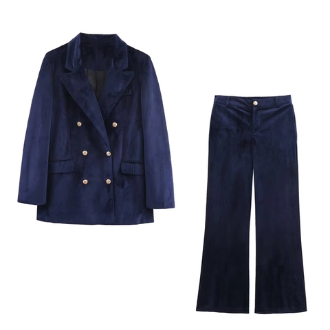 Blazer in Velluto da Donna E Pantaloni a Zampa Elegante Blu Reale Giacca Doppiopetto Bottone Oro Abito da Ufficio Completo