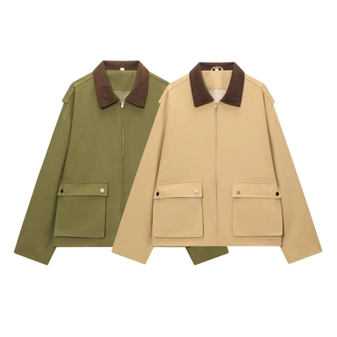 Damen Casual Polyester Arbeitsjacke Mit Kontrast-Cordkragen Reißverschluss Vorne Regular Fit Langarm Oberbekleidung Taschen