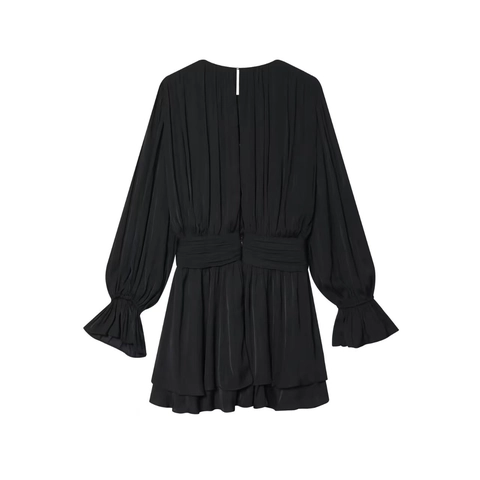 Women Elegant Pleated Satin Long Sleeve Mini Dress Cinch Waist Ruffle Hem V-Neck Solid Color Flowy Autumn Short Party Dress