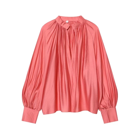 Damen Elegant Satin V-Ausschnitt Gefaltete Bluse Laternenärmel Einfarbig Pullover Top Büro Mode Casual Hemd