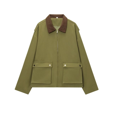 Damen Casual Polyester Arbeitsjacke Mit Kontrast-Cordkragen Reißverschluss Vorne Regular Fit Langarm Oberbekleidung Taschen