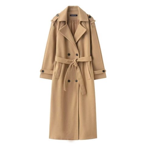 Cappotto Lungo di Lana Elegante da Donna Soprabito Extra Lungo Doppio Petto Con Cintura Revers Caldo Cappotto Invernale