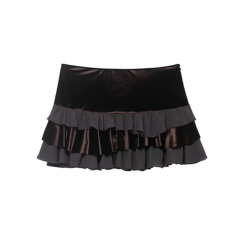 Damen Elegant Samt Satin Patchwork Gestufter Rüschen Minirock Hohe Taille Seitlicher Reißverschluss Schlanke Passform Rock