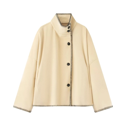 Women's Woolen Coat Stand Collar Contrast Stitching Button Down Short Jacket Loose Fit Autumn Winter Outerwear