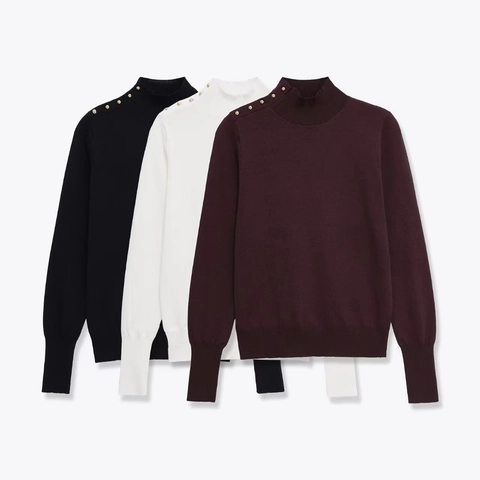 Suéter de Punto con Cuello Alto para Mujer con Botones Dorados en el Hombro Manga Larga Color Sólido Moda de Otoño