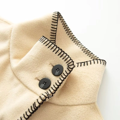 Women's Woolen Coat Stand Collar Contrast Stitching Button Down Short Jacket Loose Fit Autumn Winter Outerwear