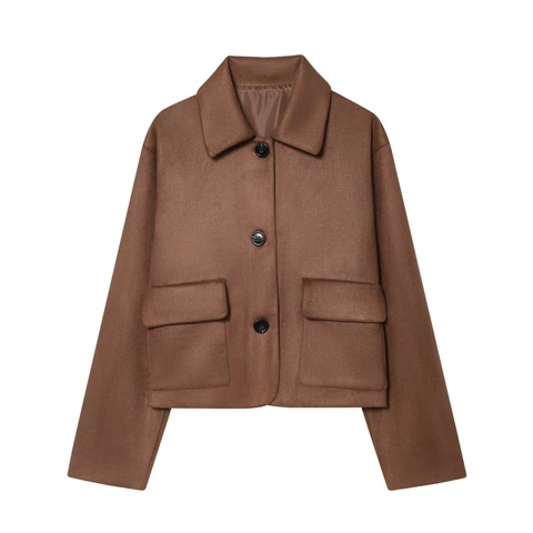 Chaqueta de Gamuza Sintética Vintage para Mujer Abrigo Corto Solapa Botonadura Sencilla Color Sólido Con Bolsillos Para Otoño