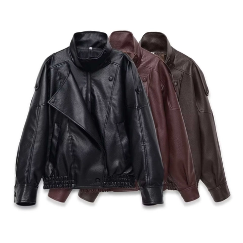 Women Fashion Lychee Texture PU Faux Leather Jacket Stand Collar Loose Biker Coat Casual Long Sleeve Solid Outerwear Tops