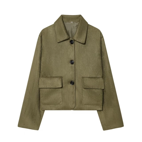 Chaqueta de Gamuza Sintética Vintage para Mujer Abrigo Corto Solapa Botonadura Sencilla Color Sólido Con Bolsillos Para Otoño