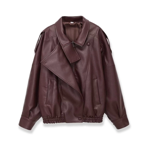 Women Fashion Lychee Texture PU Faux Leather Jacket Stand Collar Loose Biker Coat Casual Long Sleeve Solid Outerwear Tops