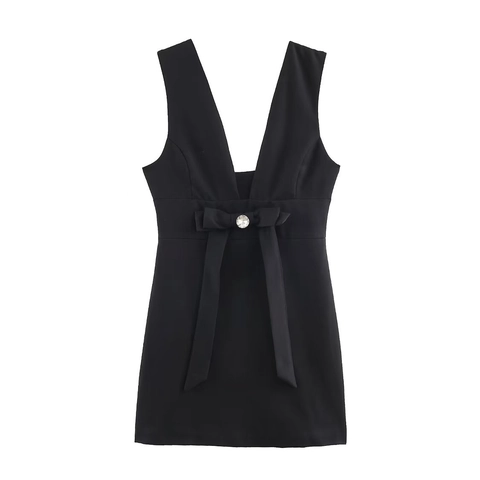Elegant Women V Neck Sleeveless Mini Dress Black Slim Fit Rhinestone Bow High Waist Banquet Evening Party Dress