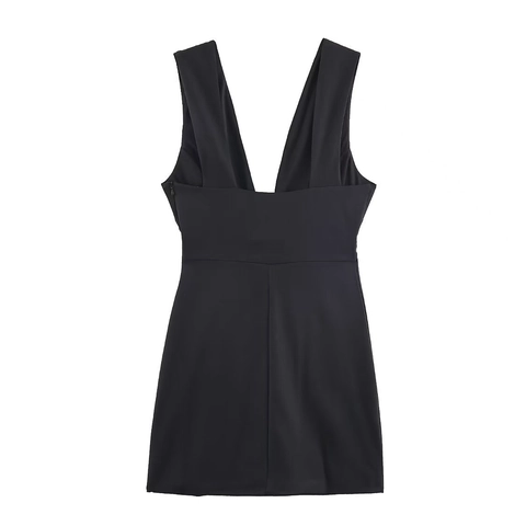 Elegant Women V Neck Sleeveless Mini Dress Black Slim Fit Rhinestone Bow High Waist Banquet Evening Party Dress