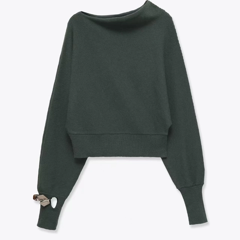 Women's Elegant Slash Neck Knit Sweater Long Sleeve Off-Shoulder Pullover With Metal Ring Decoration Solid Color Knit Top