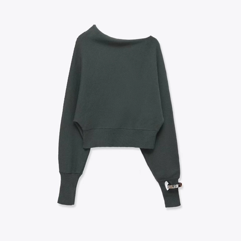 Women's Elegant Slash Neck Knit Sweater Long Sleeve Off-Shoulder Pullover With Metal Ring Decoration Solid Color Knit Top