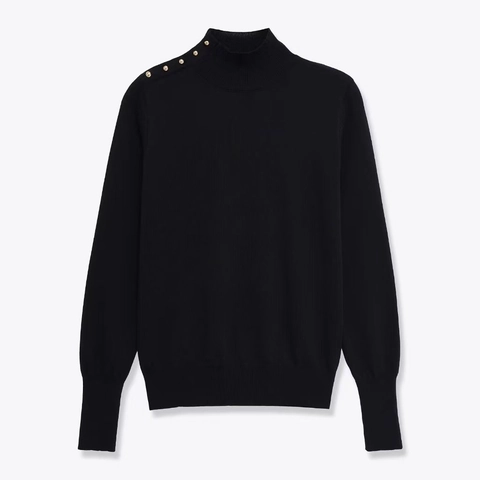 Suéter de Punto con Cuello Alto para Mujer con Botones Dorados en el Hombro Manga Larga Color Sólido Moda de Otoño