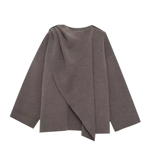 Women's Asymmetric Scarf Collar Knit Sweater Elegant Solid Color Loose Long Sleeve Fall Knit Cardigan Coat Jacket