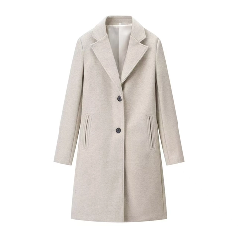 Women Elegant Notched Lapel Wool Like Coat Padded Shoulder Long Sleeve Solid Color Single Breasted Long Line Fall Jacket