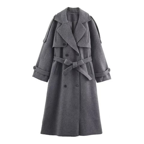 Dames Elegante Grijze Lange Wollen Jas Double-Breasted Trenchcoat Met Riem Epauletten Revers Mode Bovenkleding