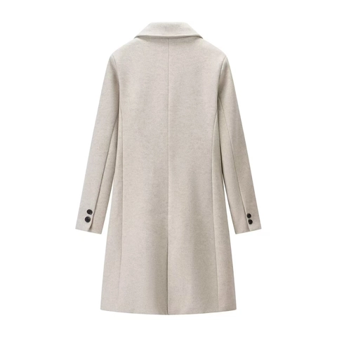 Women Elegant Notched Lapel Wool Like Coat Padded Shoulder Long Sleeve Solid Color Single Breasted Long Line Fall Jacket