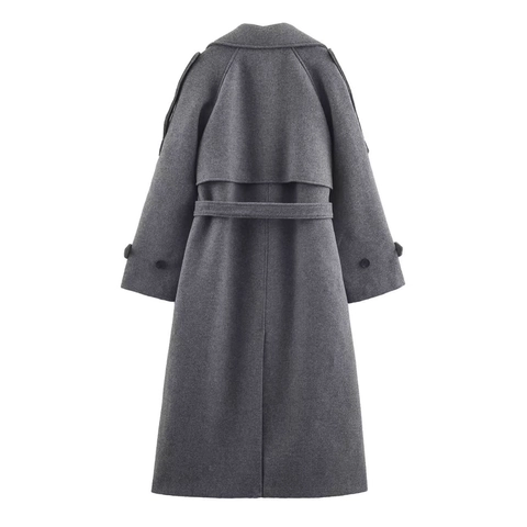 Dames Elegante Grijze Lange Wollen Jas Double-Breasted Trenchcoat Met Riem Epauletten Revers Mode Bovenkleding