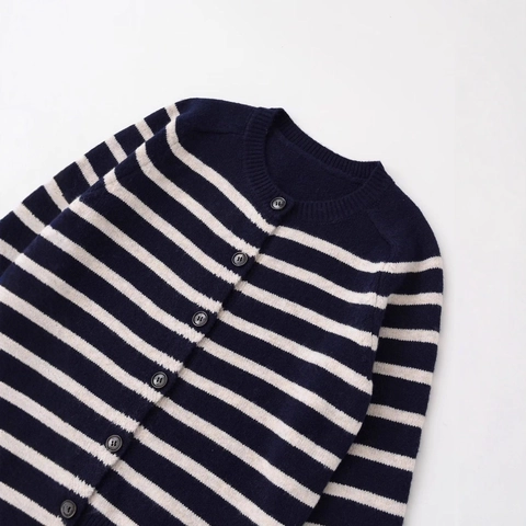 Dames Casual Ronde Hals Horizontaal Gestreepte Gebreide Vest Enkele Rij Knoppen Lange Mouwen Polyester Trui
