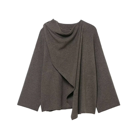 Elegant Women Knit Sweater With Scarf Collar Oversized Loose Batwing Sleeve Solid Color Commuter Fall Winter Ladies Top